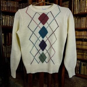 Vintage Skiva Argyle Cream Sweater Fitted Acrylic Size S Academia